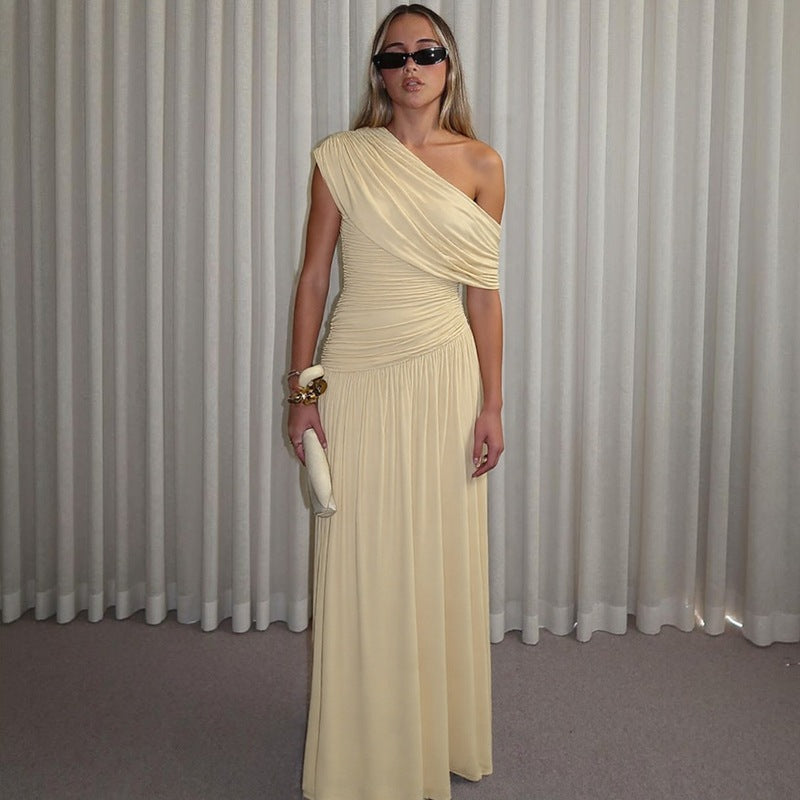 Damen Elegantes asymmetrisches Maxikleid mit Raffungen Drune