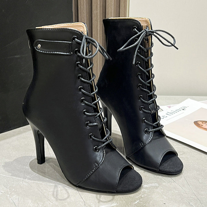 Damen Elegante Schnür-Ankleboots mit offenem Zehenbereich und schlankem Stilettoabsatz Drune