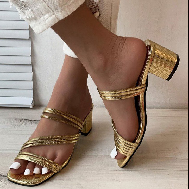 Damen nan elegante Mehrfachriemen-Mule mit mittelhohem Blockabsatz und Schlangenprägung Drune