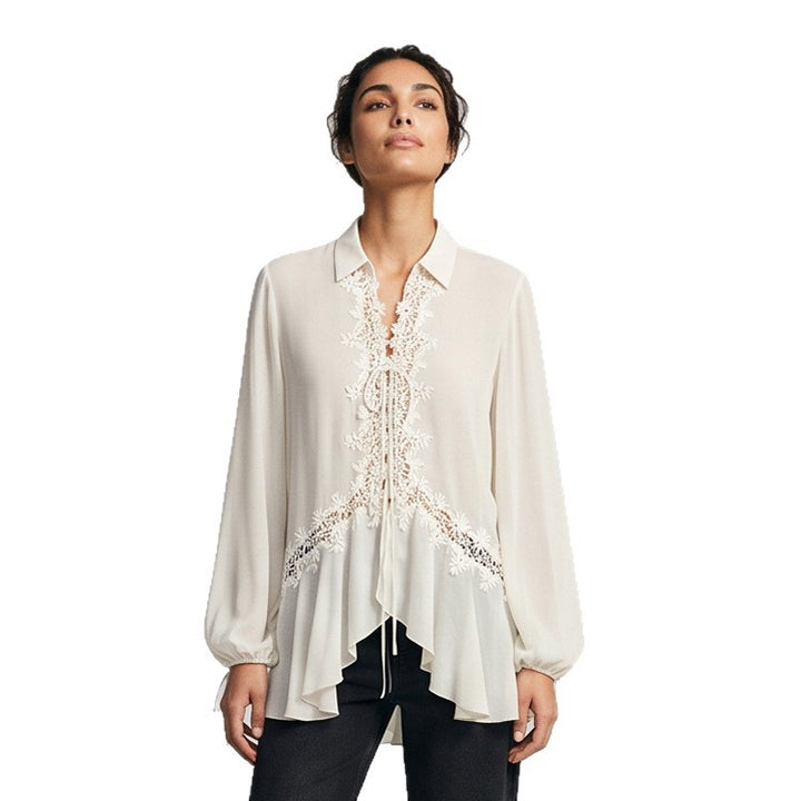 Damen Transparente Chiffonbluse mit Spitzenbesatz, Bindeband & asymmetrischem Volant-Saum Drune