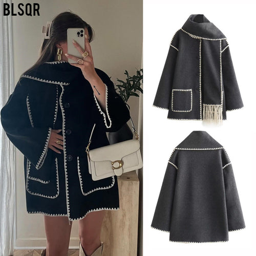 Damen Cape-Mantel mit angesetztem Fransen-Schal und Zier-Zickzacknaht Drune