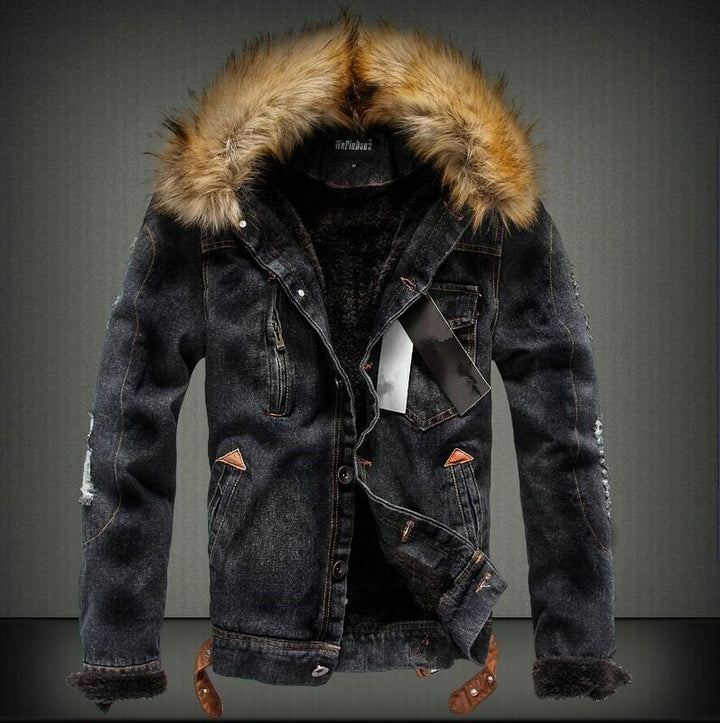 Herren Denim-Truckerjacke mit Teddyfutter, Kunstfellkapuze und Used-Details Drune