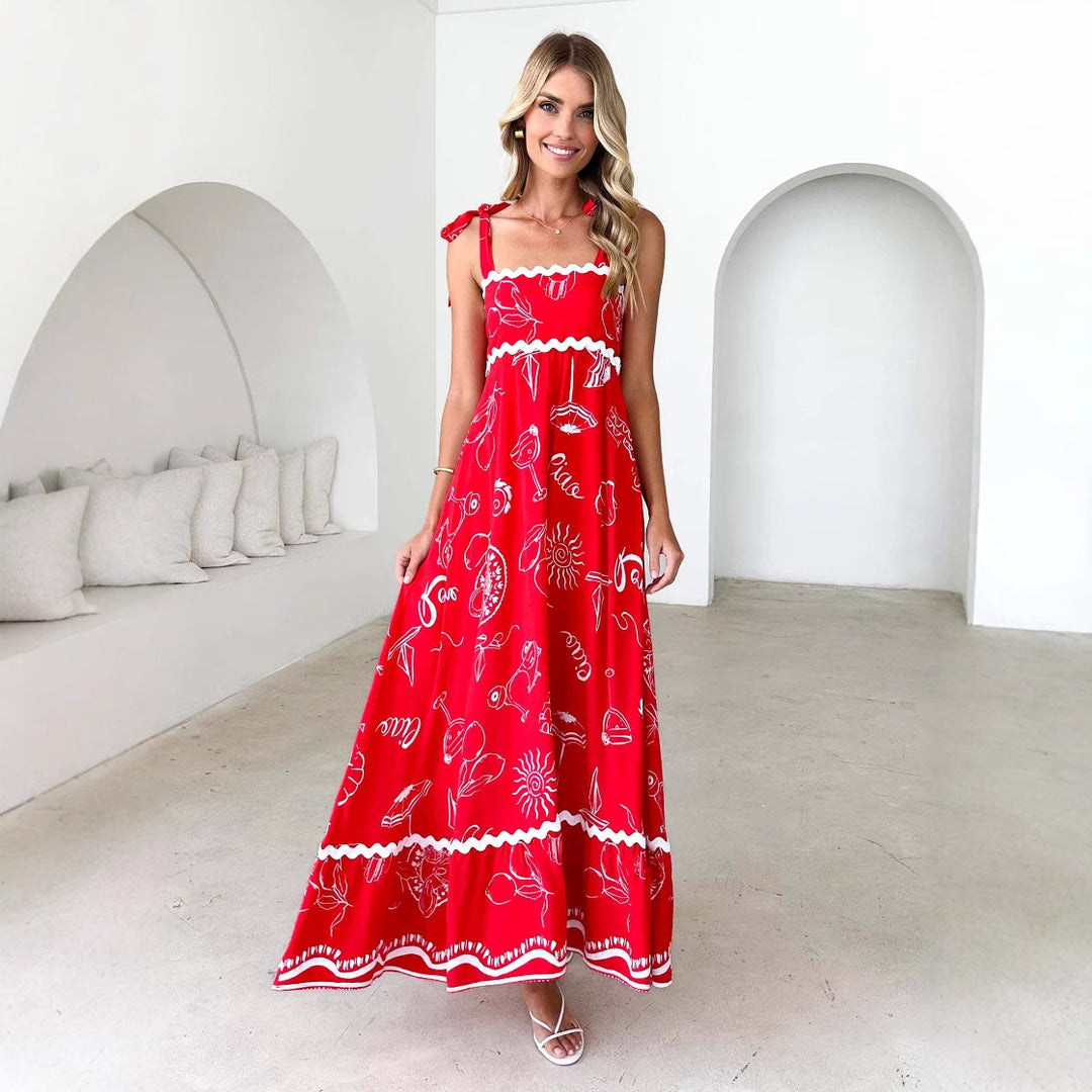 Damen Maxikleid mit verspieltem Trägerdesign und elegantem Druck Drune