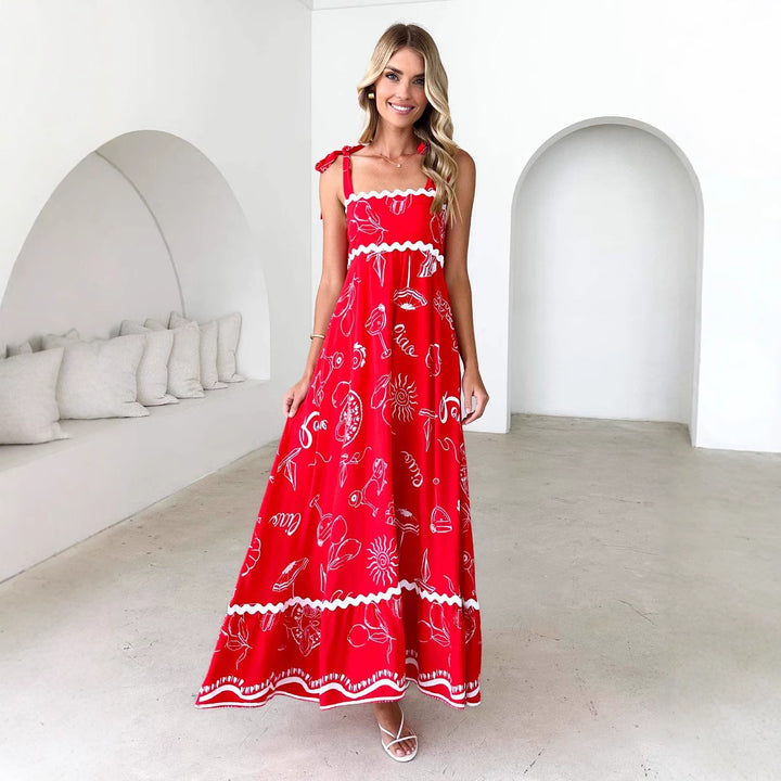 Damen Maxikleid mit verspieltem Trägerdesign und elegantem Druck Drune