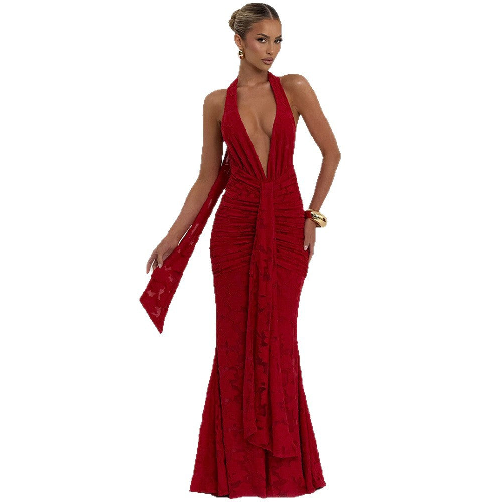 Damen Elegantes Maxikleid mit tiefem V-Ausschnitt und strukturierter Raffung Drune