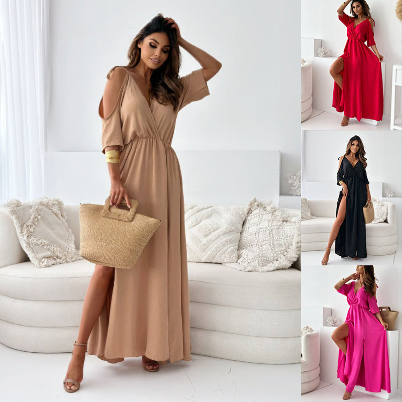 Drune | Satin-Träger-Spitzen-V-Ausschnitt-Langes Kleid