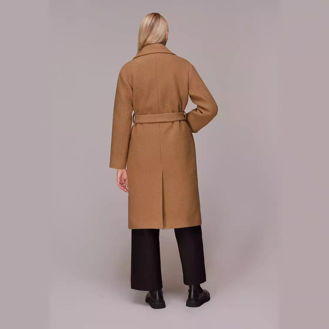 Damen Midilanger Wollmix‑Longmantel mit minimalem Schalkragen und relaxed Silhouette Drune