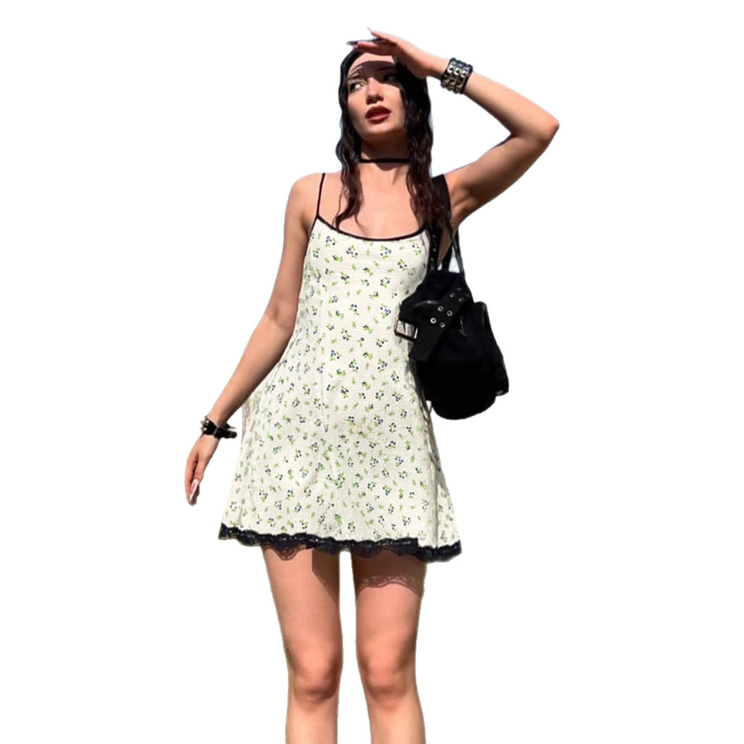 Damen Sommerliches Spaghetti-Trägerkleid mit floralen Mustern und Spitzenbesatz Drune