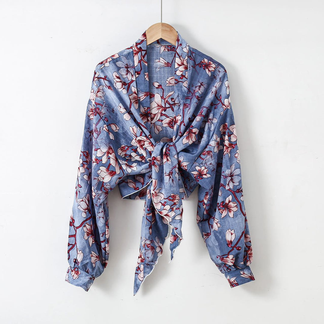 Damen nan florale Knoten-Bluse im Wickelstil mit Ballonärmeln und leichter Leinenoptik Drune