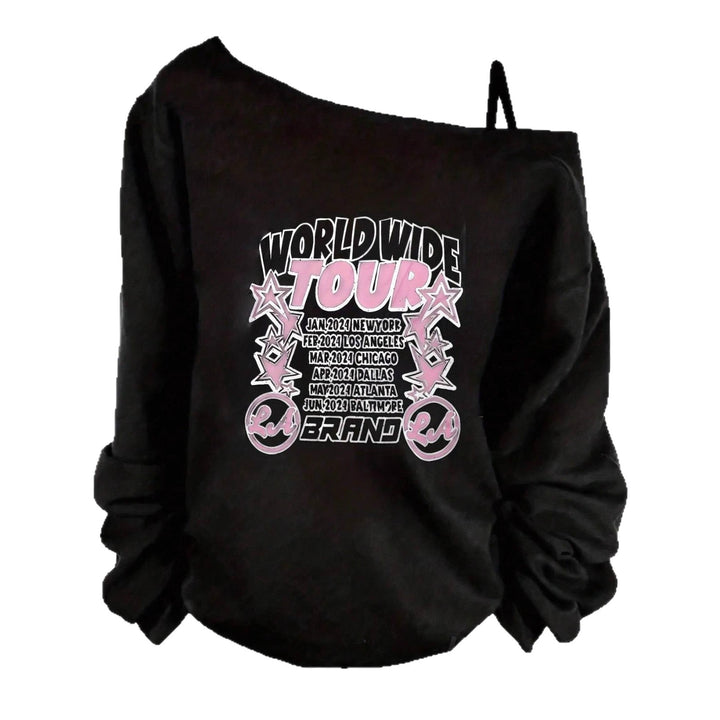 Damen nan asymmetrisches Off-Shoulder Sweatshirt mit Tour-Print und oversized Passform Drune