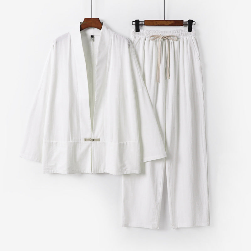 Herren Zen-inspiriertes Kimono-Loungewear-Set aus leichter Baumwollmischung mit offenem Schnitt und Kordelbundhose Drune