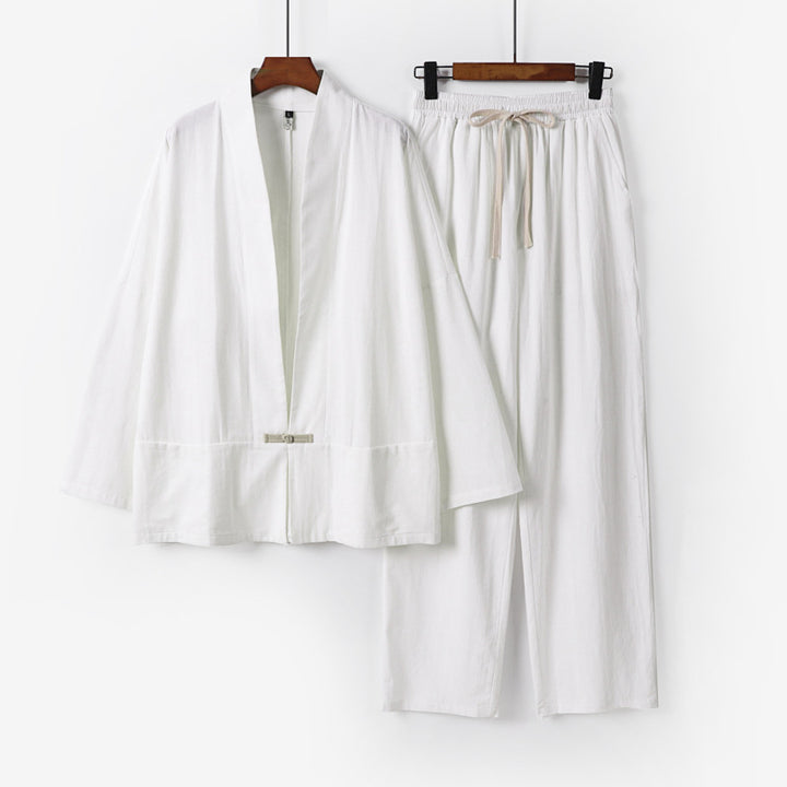 Herren Zen-inspiriertes Kimono-Loungewear-Set aus leichter Baumwollmischung mit offenem Schnitt und Kordelbundhose Drune