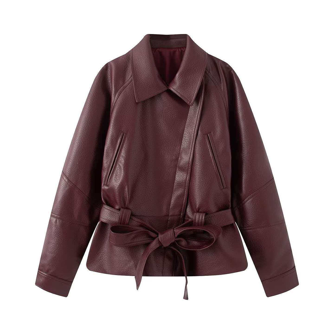 Damen Kurzjacke aus Kunstleder mit Taillengürtel und Hemdkragen Drune
