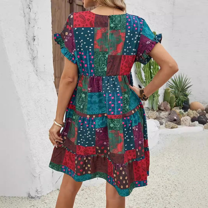 Damen Lockeres Kurzarmkleid mit patchworkartigem Design Drune