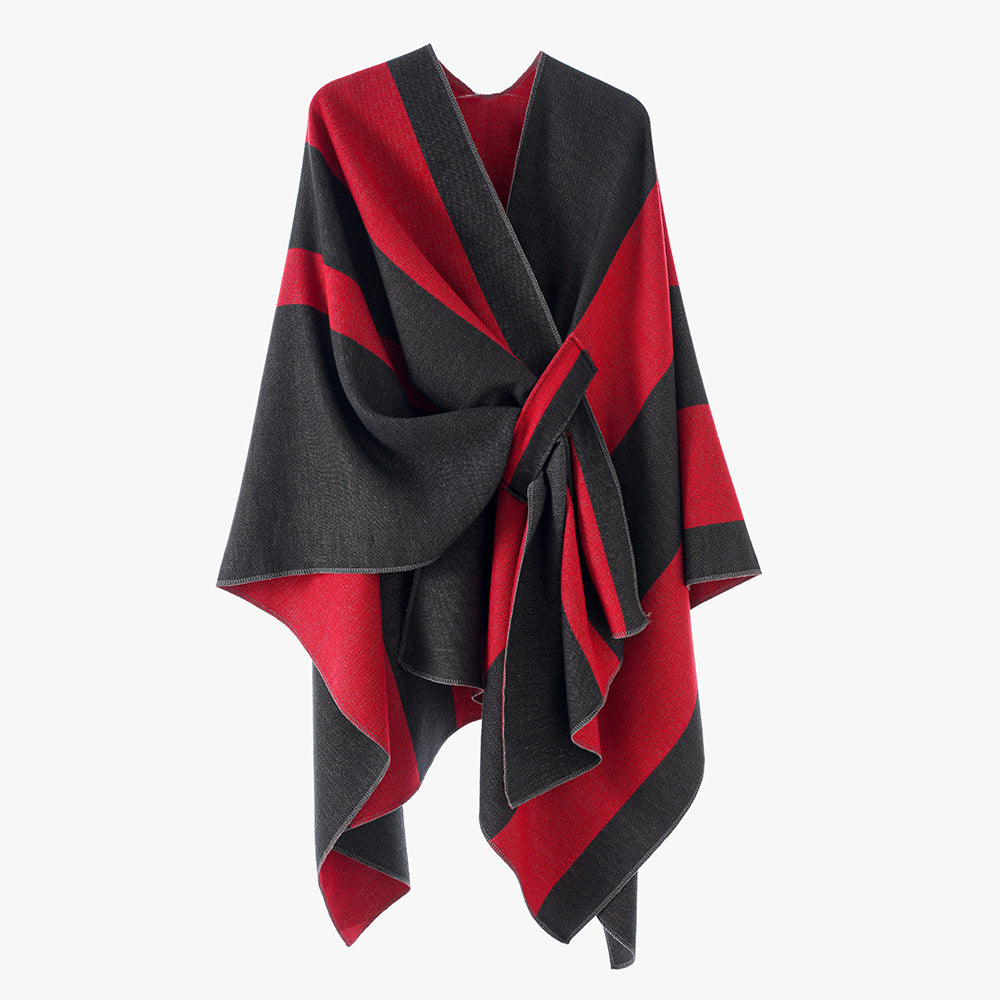 Damen Oversize-Cape mit Blockstreifen und Bindegürtel Drune