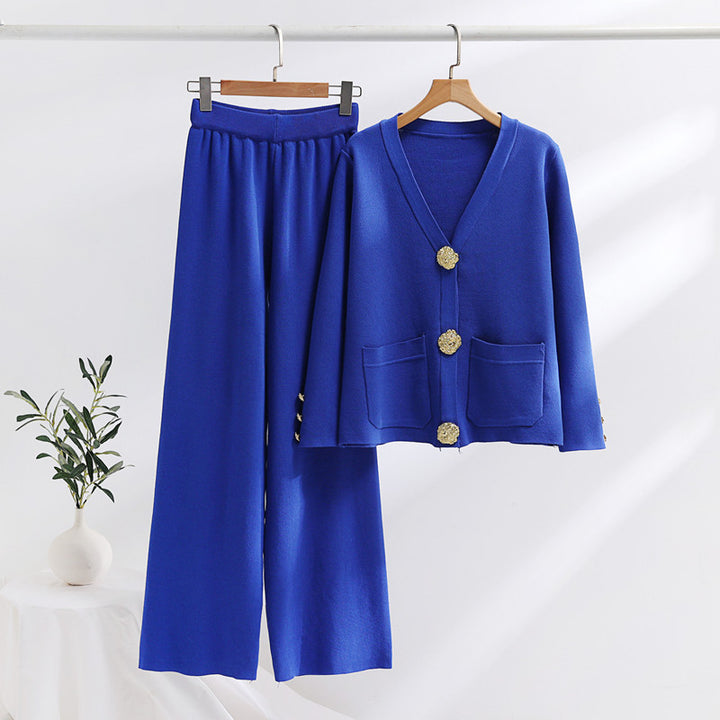 Damen elegantes Strick-Loungewear-Set mit weiten Bein und schönen Knöpfen Drune