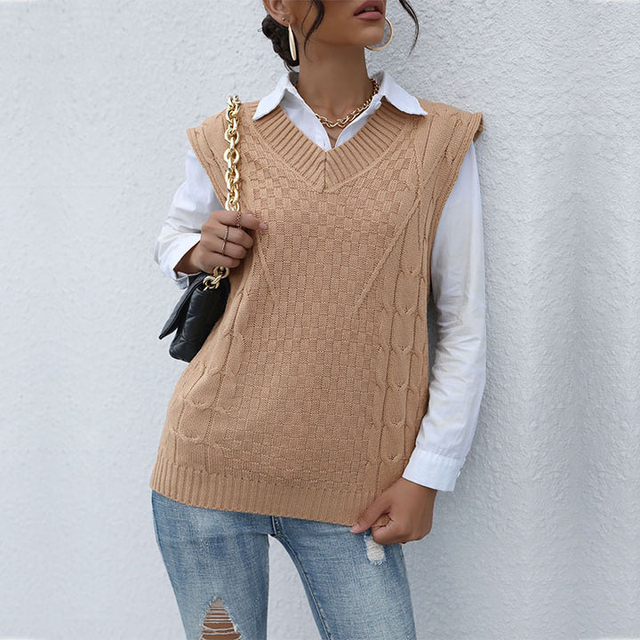 Damen Strick-Weste mit V‑Ausschnitt, Zopfmuster und lässiger Oversize-Silhouette Drune