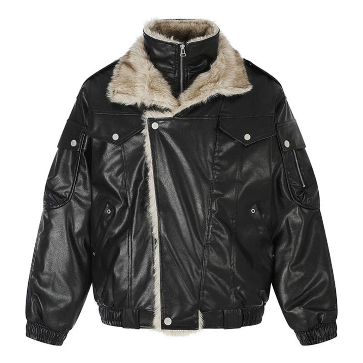 Damen Oversize Kunstleder-Fliegerjacke mit Teddyfutter und Stehkragen Drune