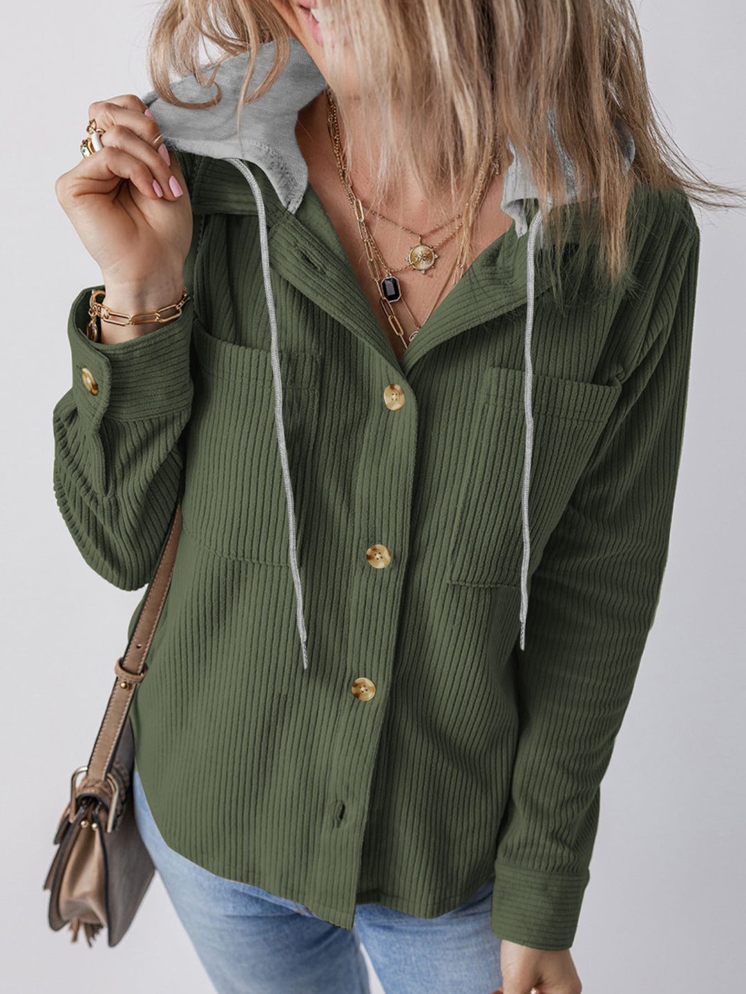 Damen Gerippte Hemdjacke mit Kapuze, Knopfleiste und aufgesetzten Taschen Drune