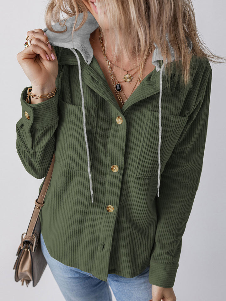Damen Gerippte Hemdjacke mit Kapuze, Knopfleiste und aufgesetzten Taschen Drune