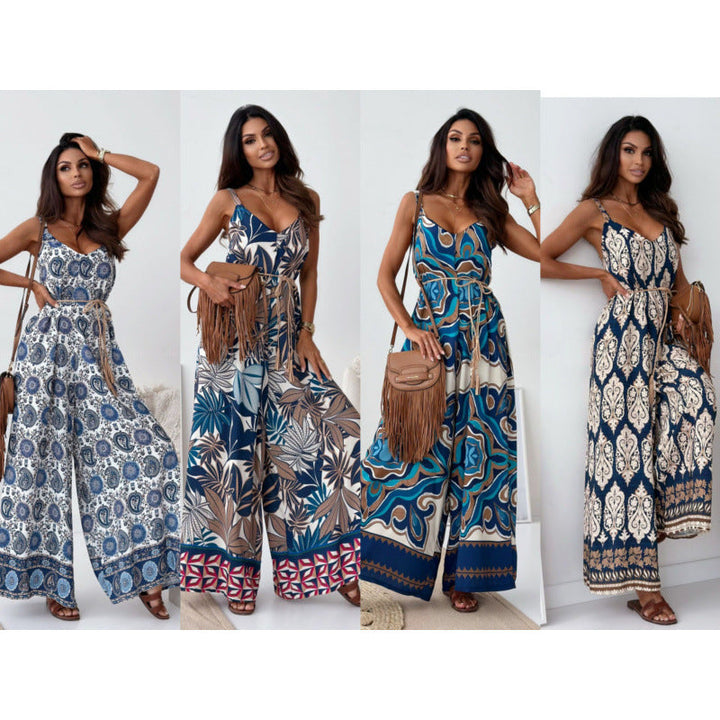 Damen Jumpsuit mit floralem Design und taillierbarem Gürtel Drune
