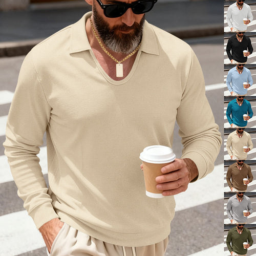 Herren nan strukturiertes Langarm-Polo mit V-Ausschnitt und offenem Kentkragen Drune