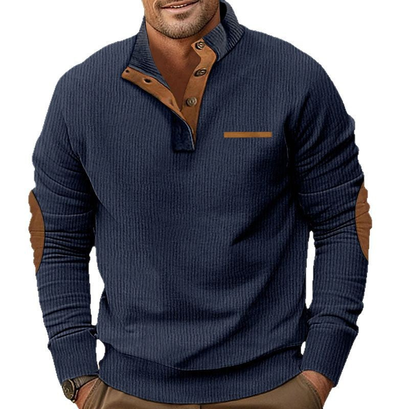 Herren nan strukturiertes Halbknopf-Stehkragen-Pullover mit Wildleder-Ellbogenpatches Drune