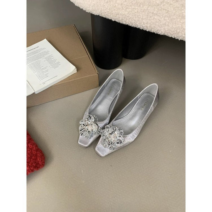 Damen elegante Ballerina-Pumps mit funkelndem Blumenakzent Drune