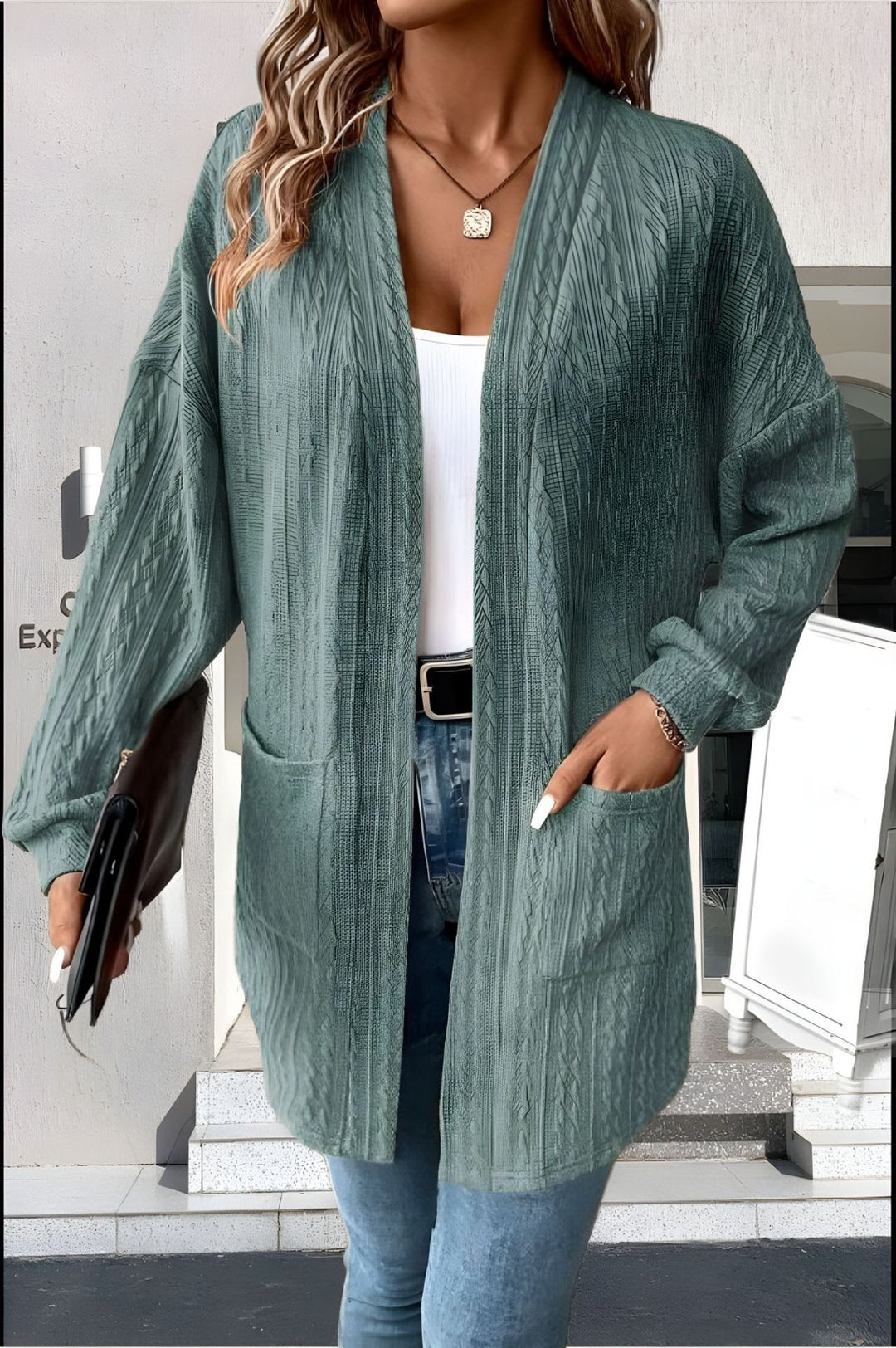 Damen lockerer Strickmantel mit ausgefallenem Muster und praktischen Taschen Drune