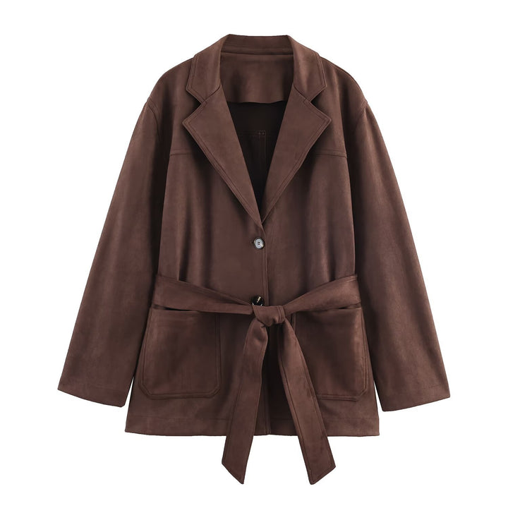Damen eleganter Blazerjacke aus Kunstleder mit Taillengürtel Drune