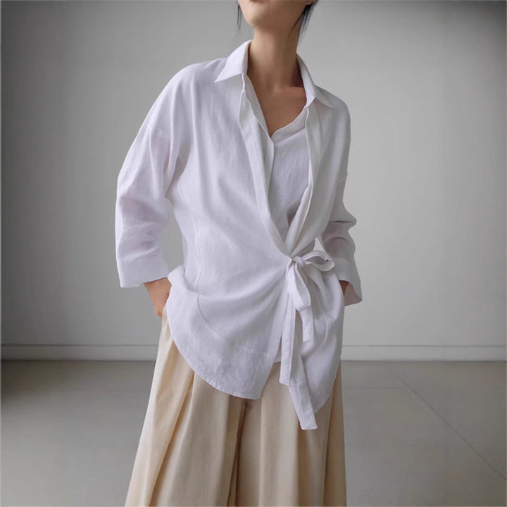 Damen Wickel-Langbluse aus Leinenmix mit Seitenschleife und Oversize-Schnitt Drune