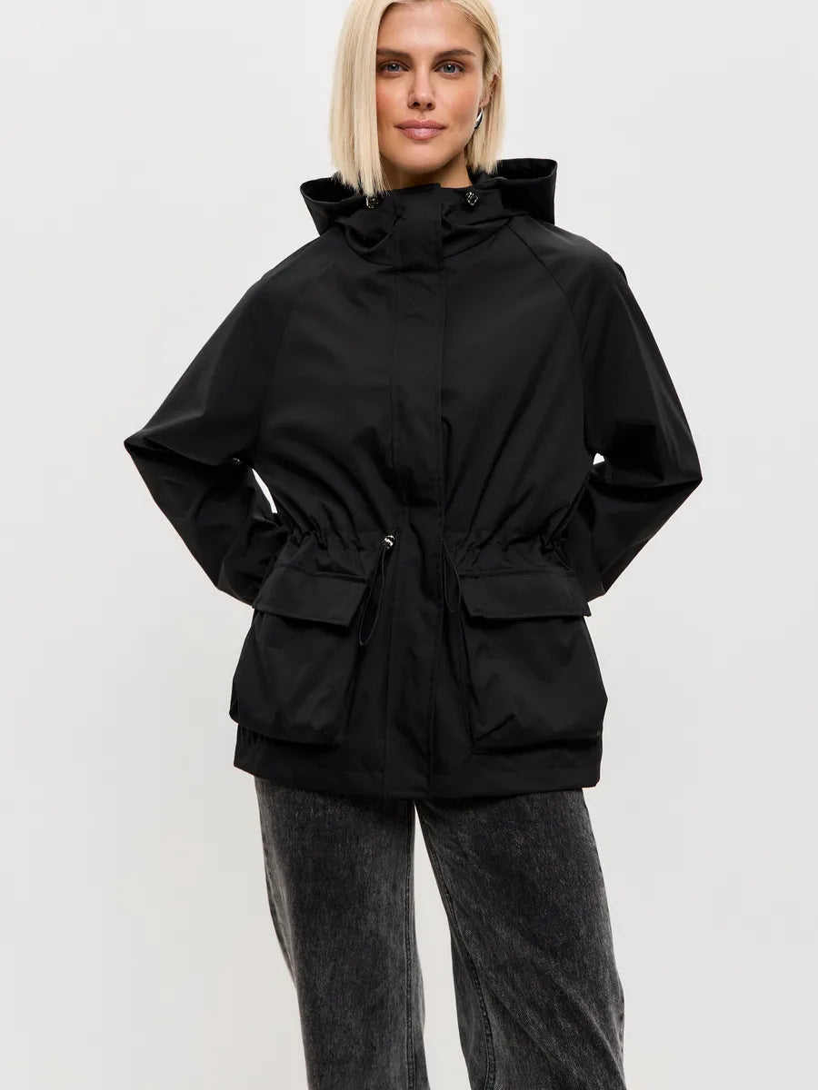 Damen wasserdichte Parka-Jacke mit Kapuze, Tunnelzugtaillierung und XXL-Klappentaschen Drune