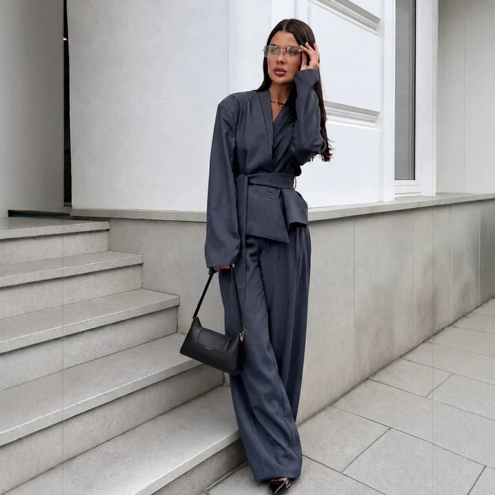 Damen Elegantes Wickelblazer-Set mit Taillengürtel und weiter Bundfaltenhose Drune