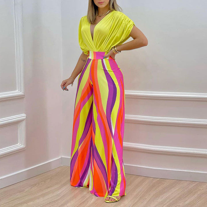 Damen Eleganter Jumpsuit mit tiefem V-Ausschnitt und weit geschnittenen Beinen Drune