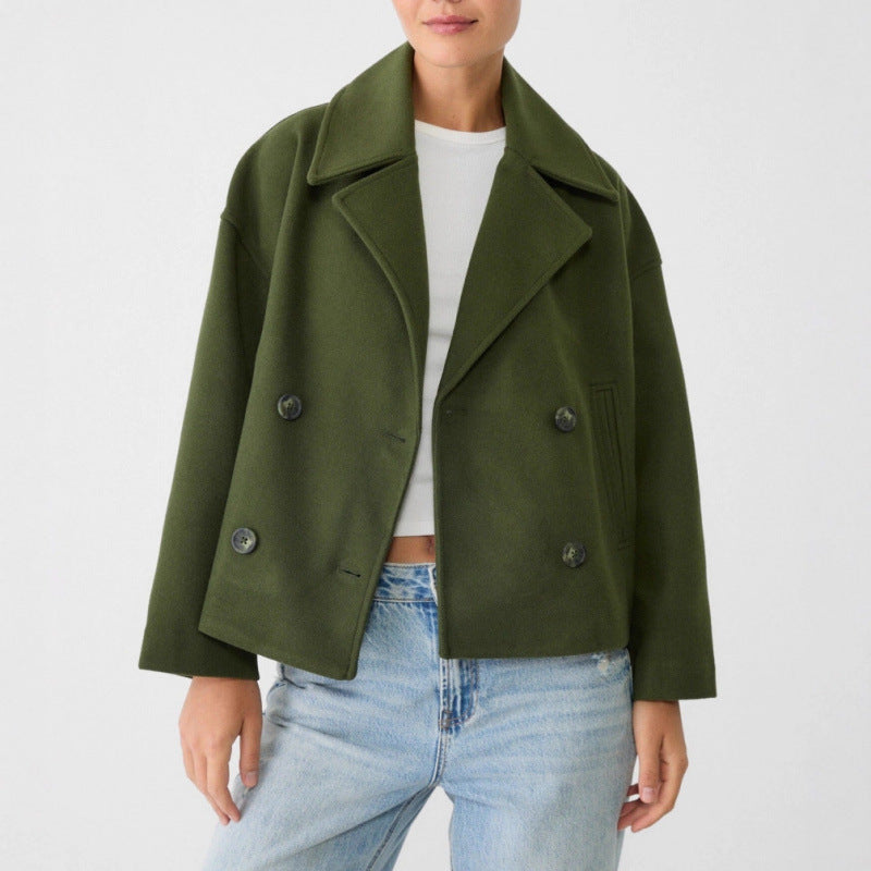 Damen Kurzer Zweireihiger Wollmix-Peacoat mit übergroßem Revers Drune