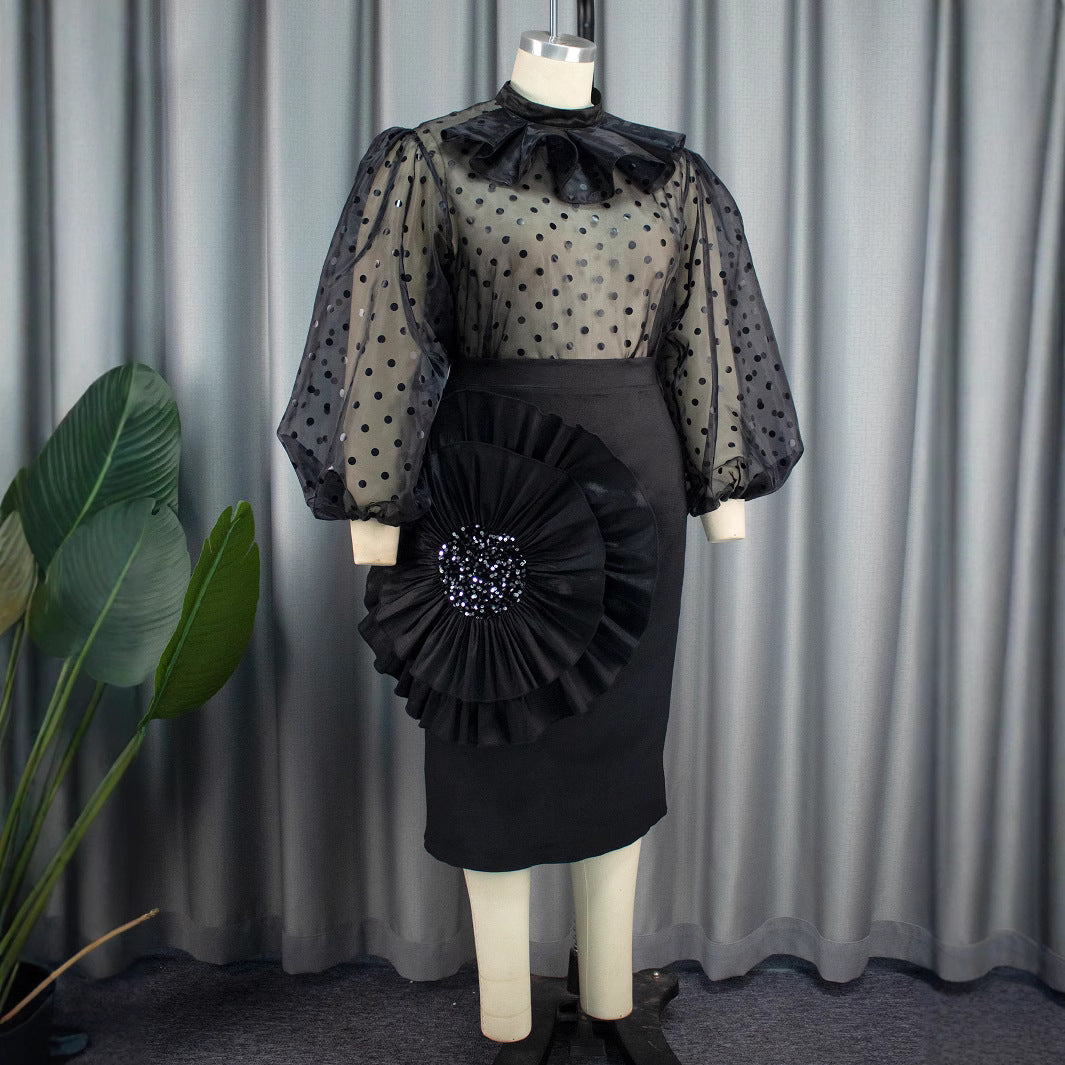 Damen Elegantes Kleid mit transparenten Puffärmeln und Rüschenakzent Drune