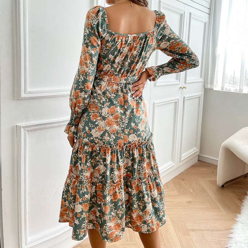 Damen Midikleid mit quadratischem Ausschnitt, Puffärmeln und Taillenschnürung Drune