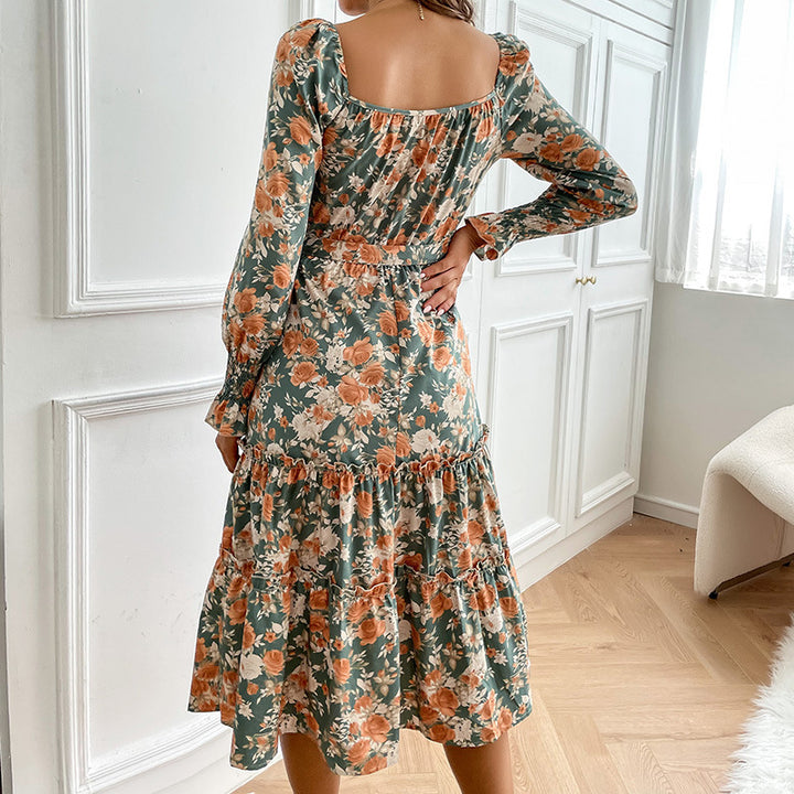 Damen Midikleid mit quadratischem Ausschnitt, Puffärmeln und Taillenschnürung Drune