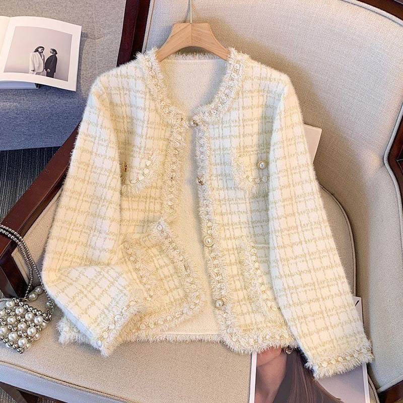 Damen Kuschelige Strickjacke mit dekorativen Perlen und Fransendetails Drune