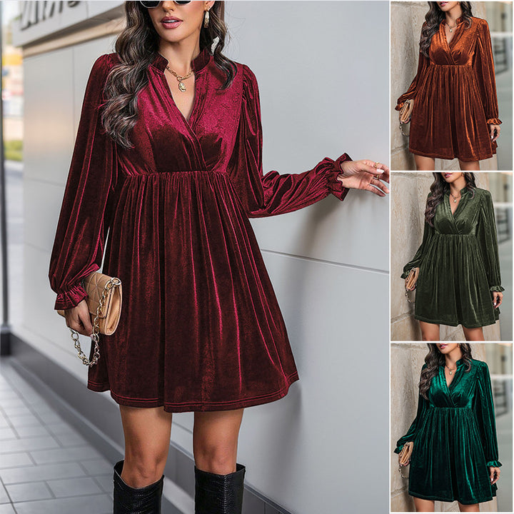 Damen Festliches Samt-Minikleid mit Wickel‑V-Ausschnitt, taillierter Raffung und voluminösen Ballonärmeln Drune