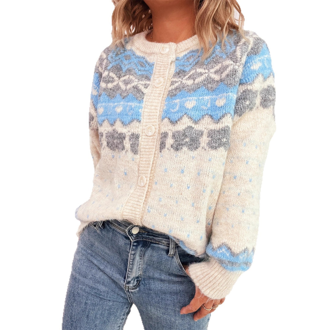 Damen gemütliche Strickjacke mit blauen Mustern und Knopfverschluss Drune