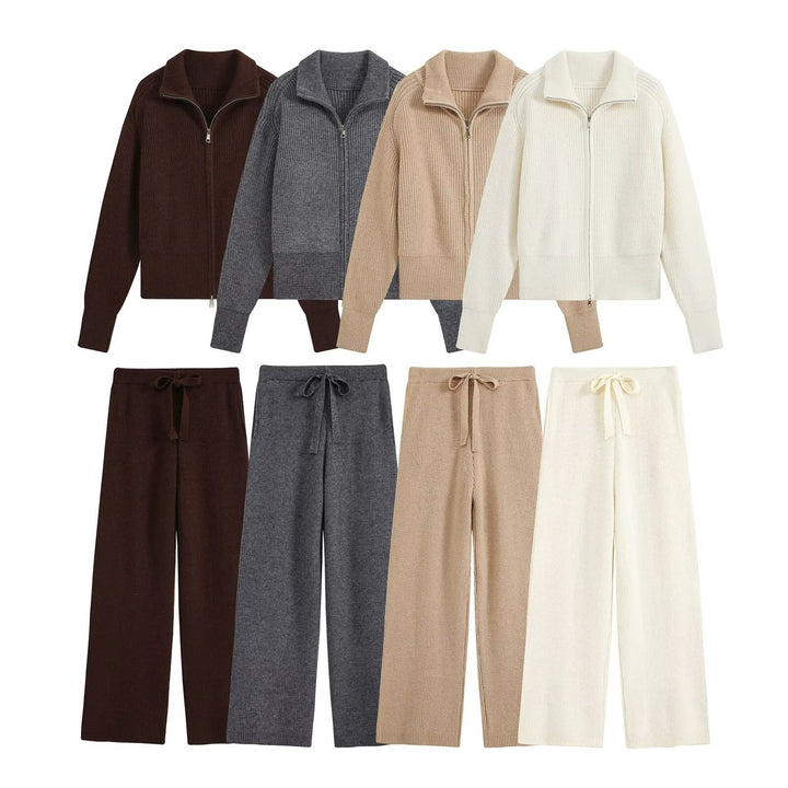 Damen Strick‑Lounge‑Set mit Stehkragen‑Zipperjacke und weiter Bundhose Drune