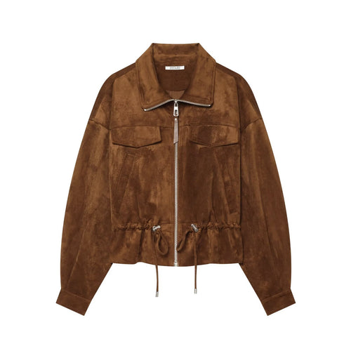 Damen Veloursleder-Optik Bomberjacke mit Tunnelzug und Brustklappen Drune