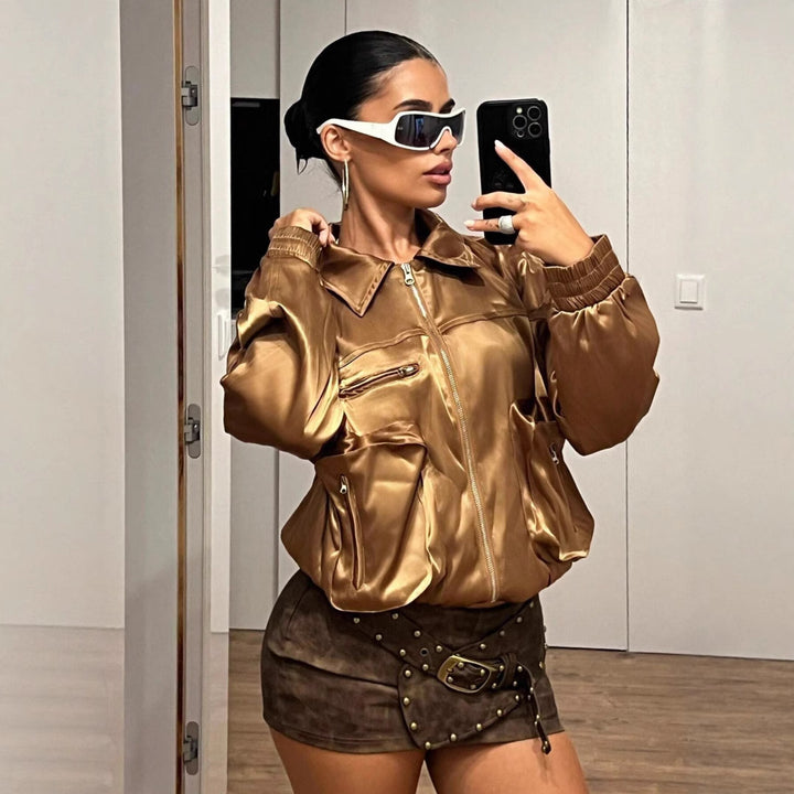 Damen Bomberjacke im glänzenden Satin-Look mit seitlichen Reißverschlusstaschen Drune
