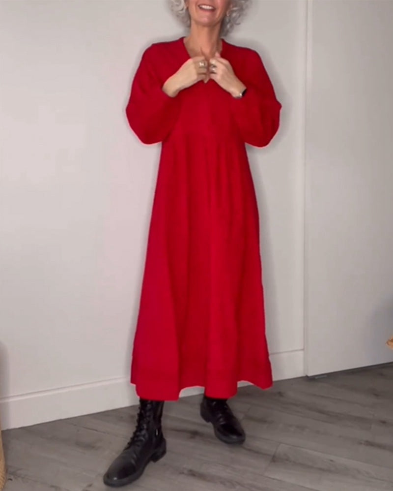 Damen Freizeit Viskose Maxi Kleid mit V-Ausschnitt, Taillennaht und Ballonärmeln Drune