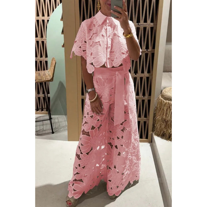 Damen Zweiteiliges Spitzen-Set mit Blumenstickerei und Palazzohose Drune
