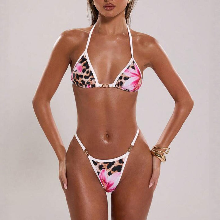 Damen Triangel-Bikini mit fröhlichem Blumendruck und tierischem Muster Drune