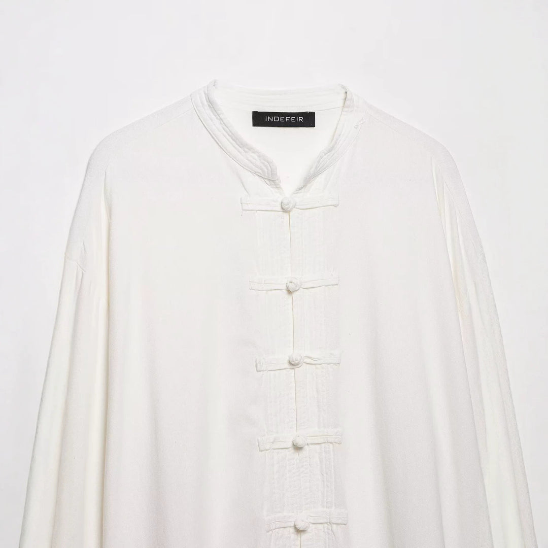 Damen Oversize Tunika‑Bluse im asiatisch inspirierten Stil mit Stehkragen und Zierknotenverschlüssen Drune