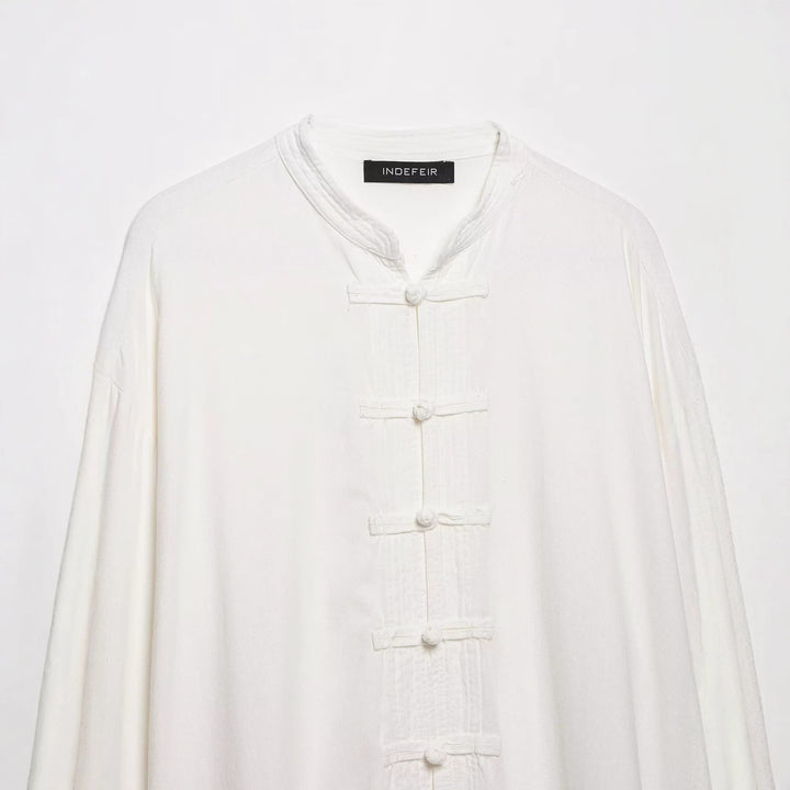 Damen Oversize Tunika‑Bluse im asiatisch inspirierten Stil mit Stehkragen und Zierknotenverschlüssen Drune