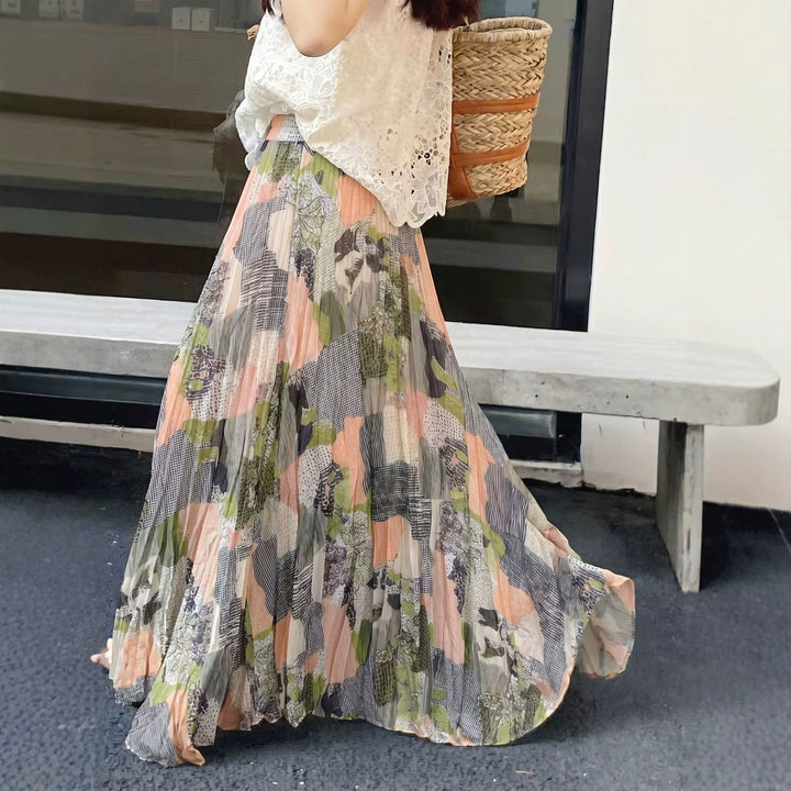 Damen nan fein gefalteter Midirock mit Vintage Blumenprint und elastischem Taillenbund Drune